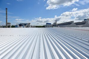 A metal roof of a warehouse.