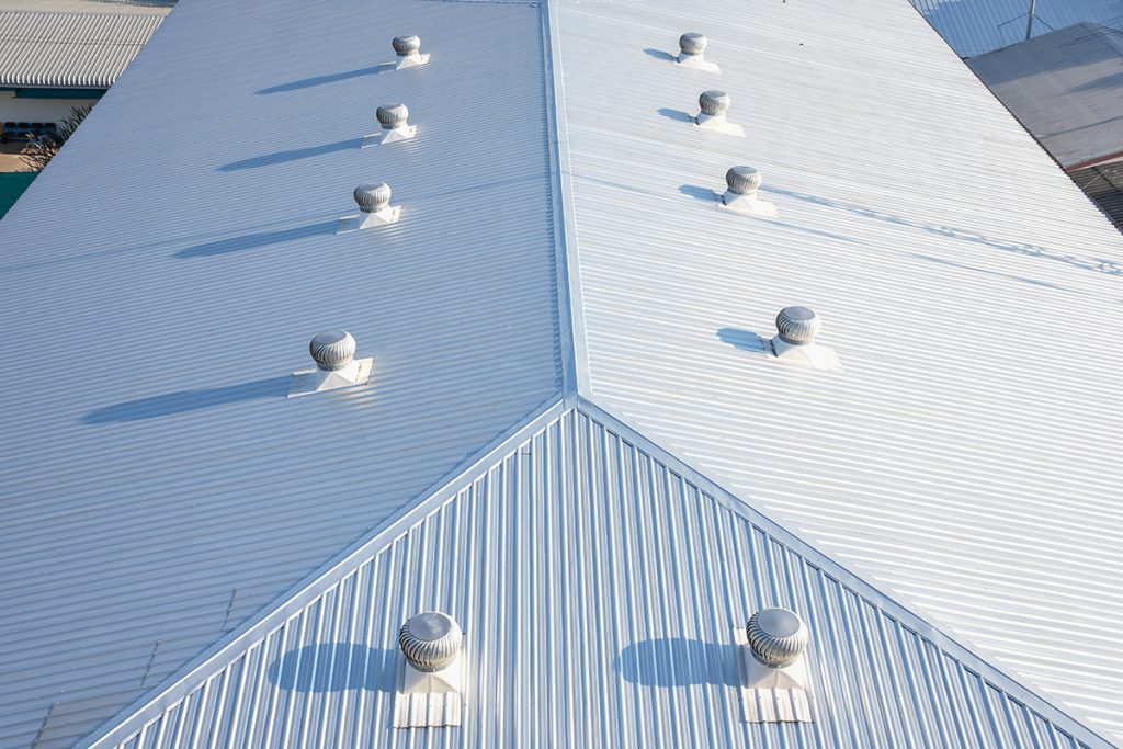 A steep-sloped metal roof