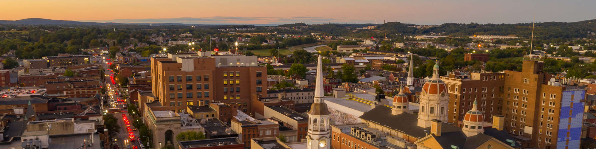 An aerial view of downtown York, PA, at sunset.