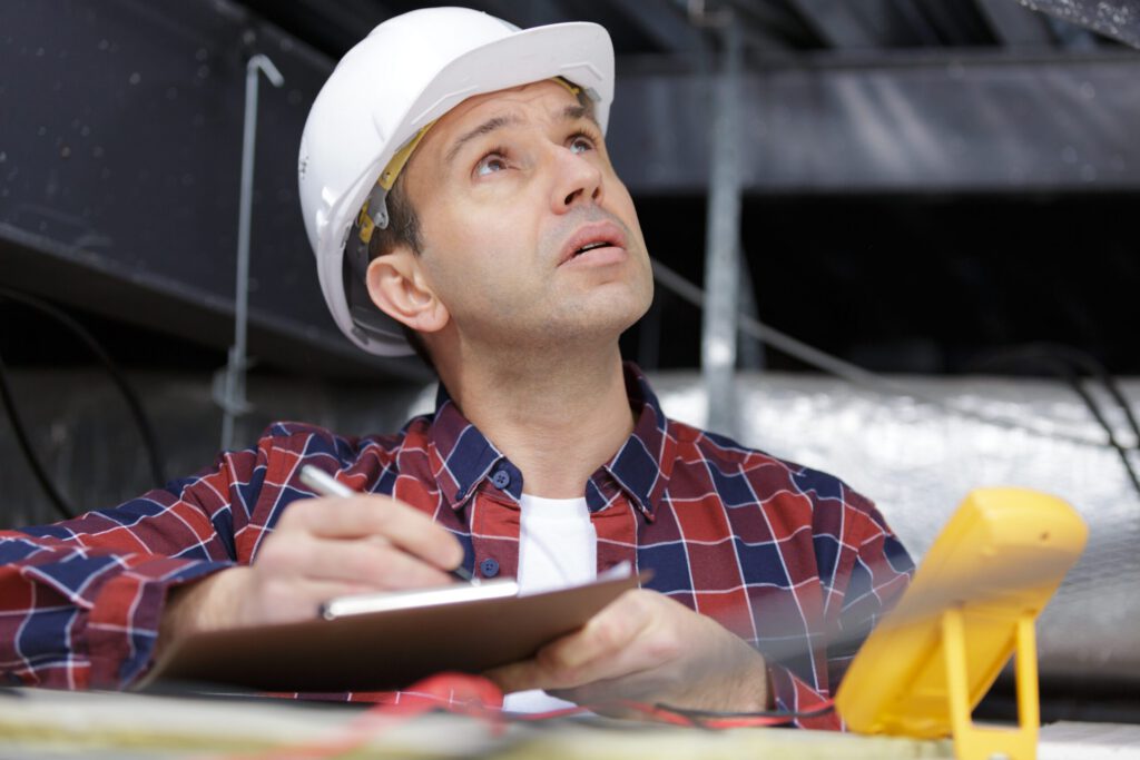 A roofing contractor checking the roof space of a commercial building.